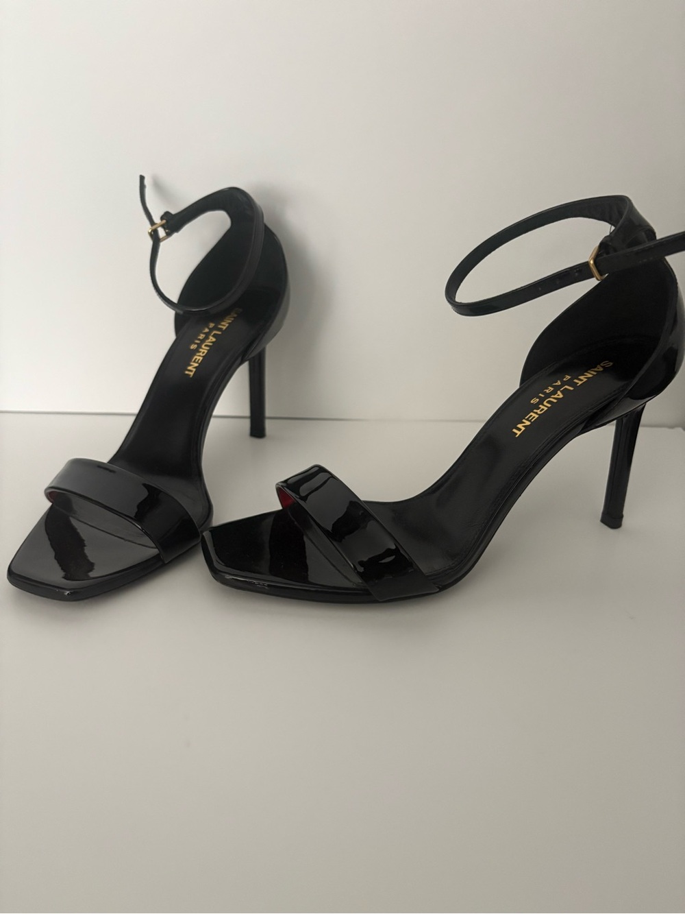 Saint Laurent Amber 85mm Black Patent Ankle-Strap Sandals Sz 36